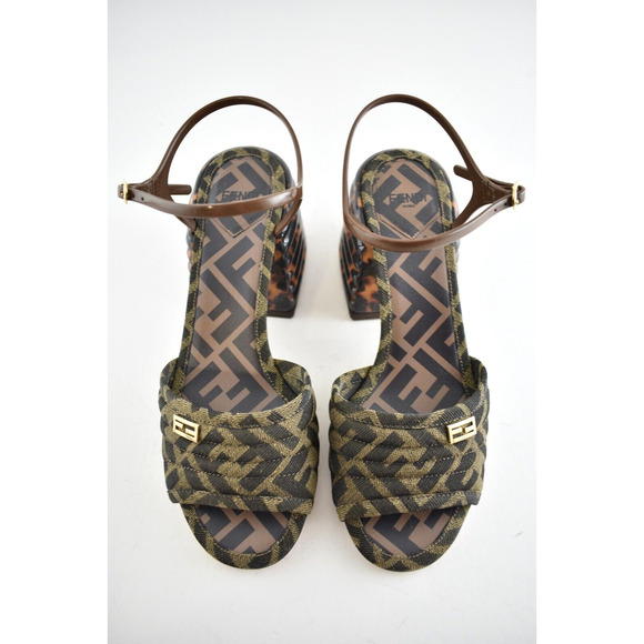 Fendi Dark Brown FF Motif Logo Ankle Strap Sandal Peep Toe Block Heel Pump 36 - Picture 5 of 8
